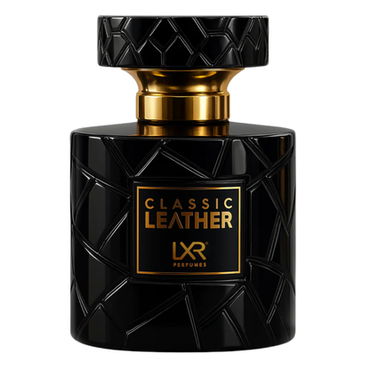 Black and gold perfume bottle labeled 'Classic Leather' by LXR Perfumes on a white background