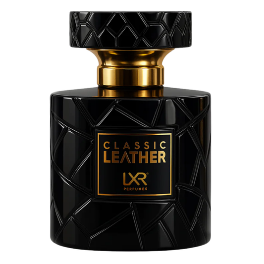 Black and gold perfume bottle labeled 'Classic Leather' by LXR Perfumes on a white background