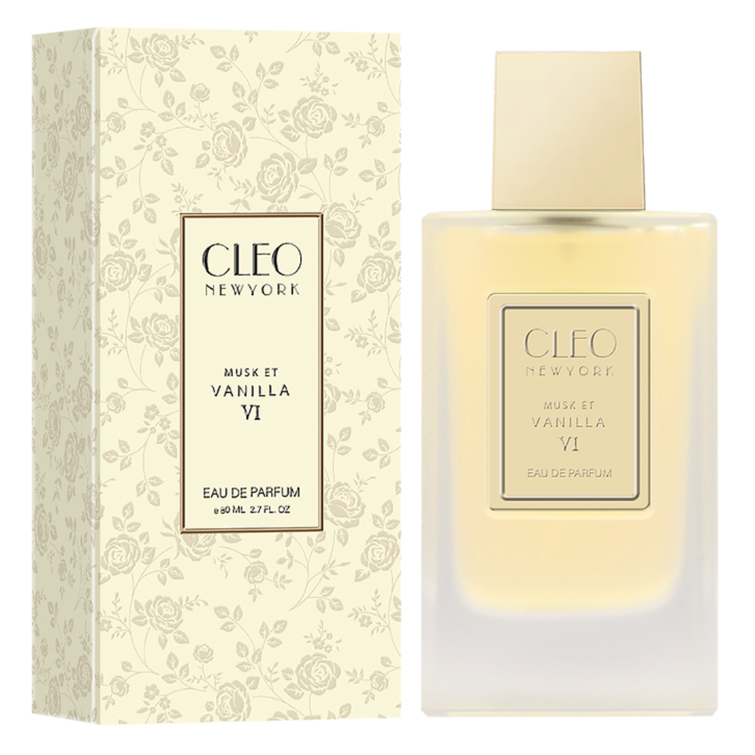 Cleo New York Musk et Vanilla VI perfume bottle and packaging on a white background