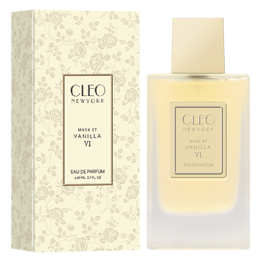 Cleo New York Musk et Vanilla VI perfume bottle and packaging on a white background