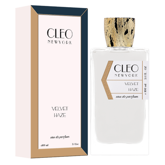 Cleo New York Velvet Haze perfume bottle and packaging on a white background