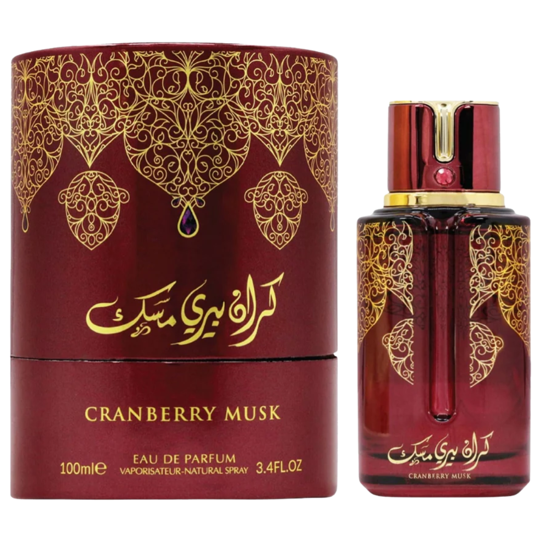 Red and gold Cranberry Musk perfume bottle and packaging on a white background. Cranberry Musk by Arabiyat Prestige Unisex Perfume