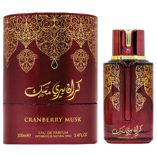 Red and gold Cranberry Musk perfume bottle and packaging on a white background. Cranberry Musk by Arabiyat Prestige Unisex Perfume