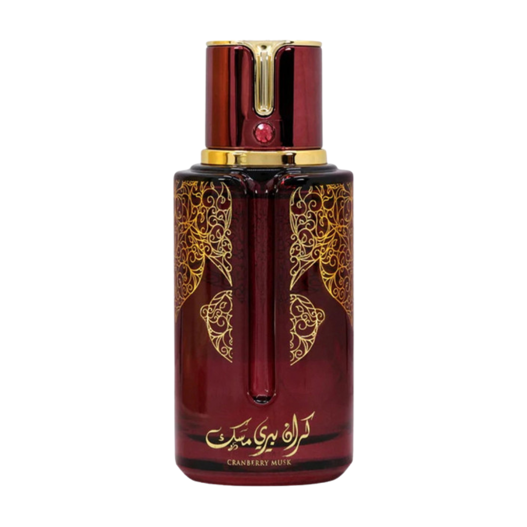 Red perfume bottle with gold accents on a white background. Cranberry Musk by Arabiyat Prestige Unisex Perfume