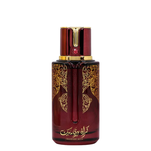 Red perfume bottle with gold accents on a white background. Cranberry Musk by Arabiyat Prestige Unisex Perfume