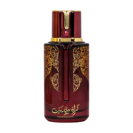 Red perfume bottle with gold accents on a white background. Cranberry Musk by Arabiyat Prestige Unisex Perfume