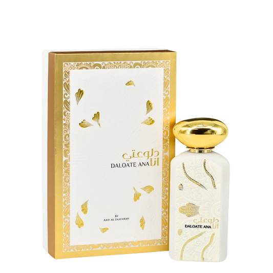 Perfume bottle and packaging with gold and white design on a white background. Daloate Ana by Ard Al Zaafaran Unisex Perfume
