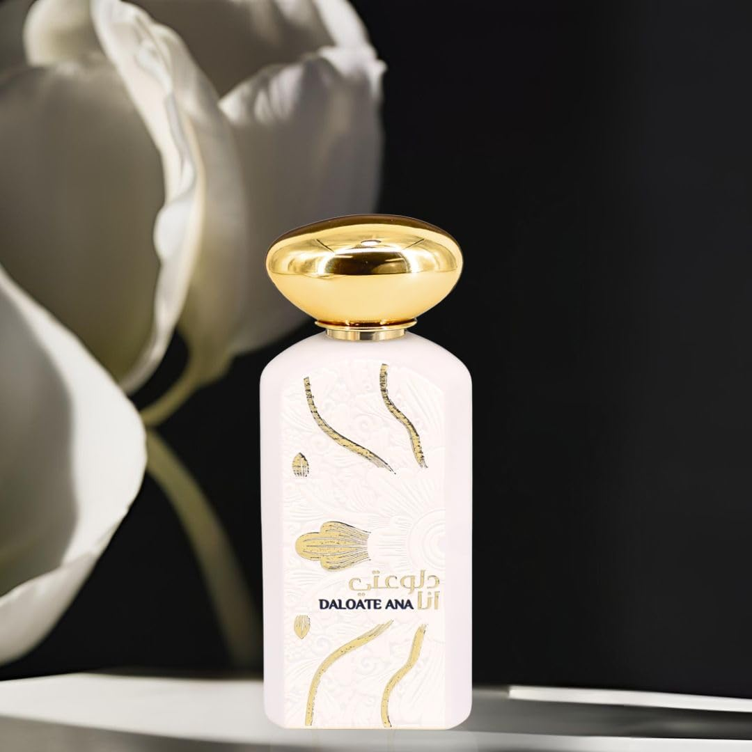 Perfume bottle with gold cap and decorative design on a dark background. Daloate Ana by Ard Al Zaafaran Unisex Perfume