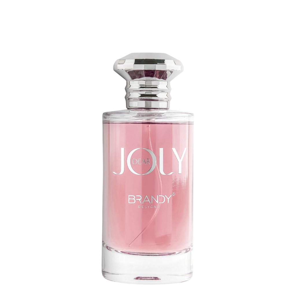 Pink perfume bottle labeled 'Joly Brandy' on a white background. Dear Joly by Brandy Designs Womens Perfume