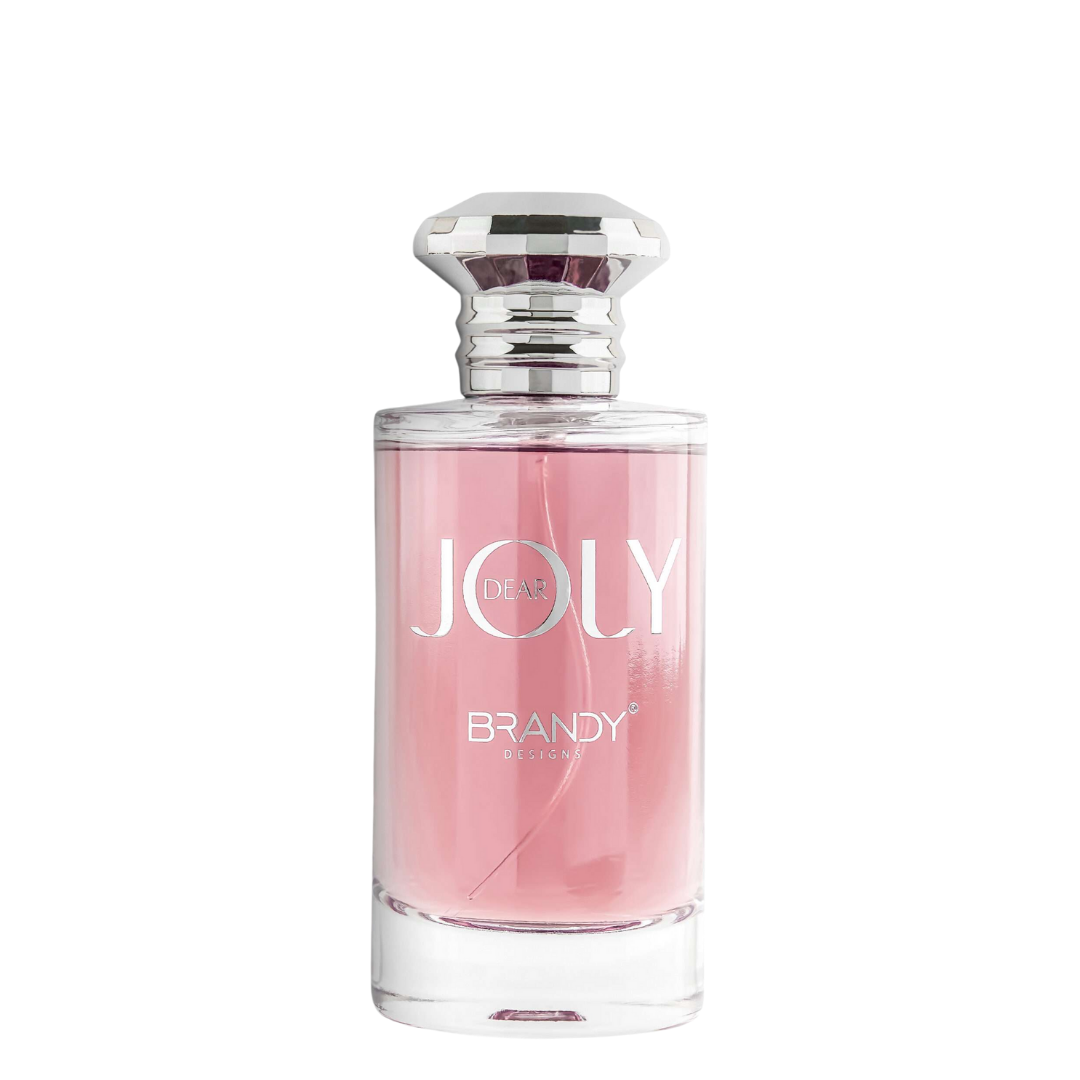 Pink perfume bottle labeled 'Joly Brandy' on a white background. Dear Joly by Brandy Designs Womens Perfume