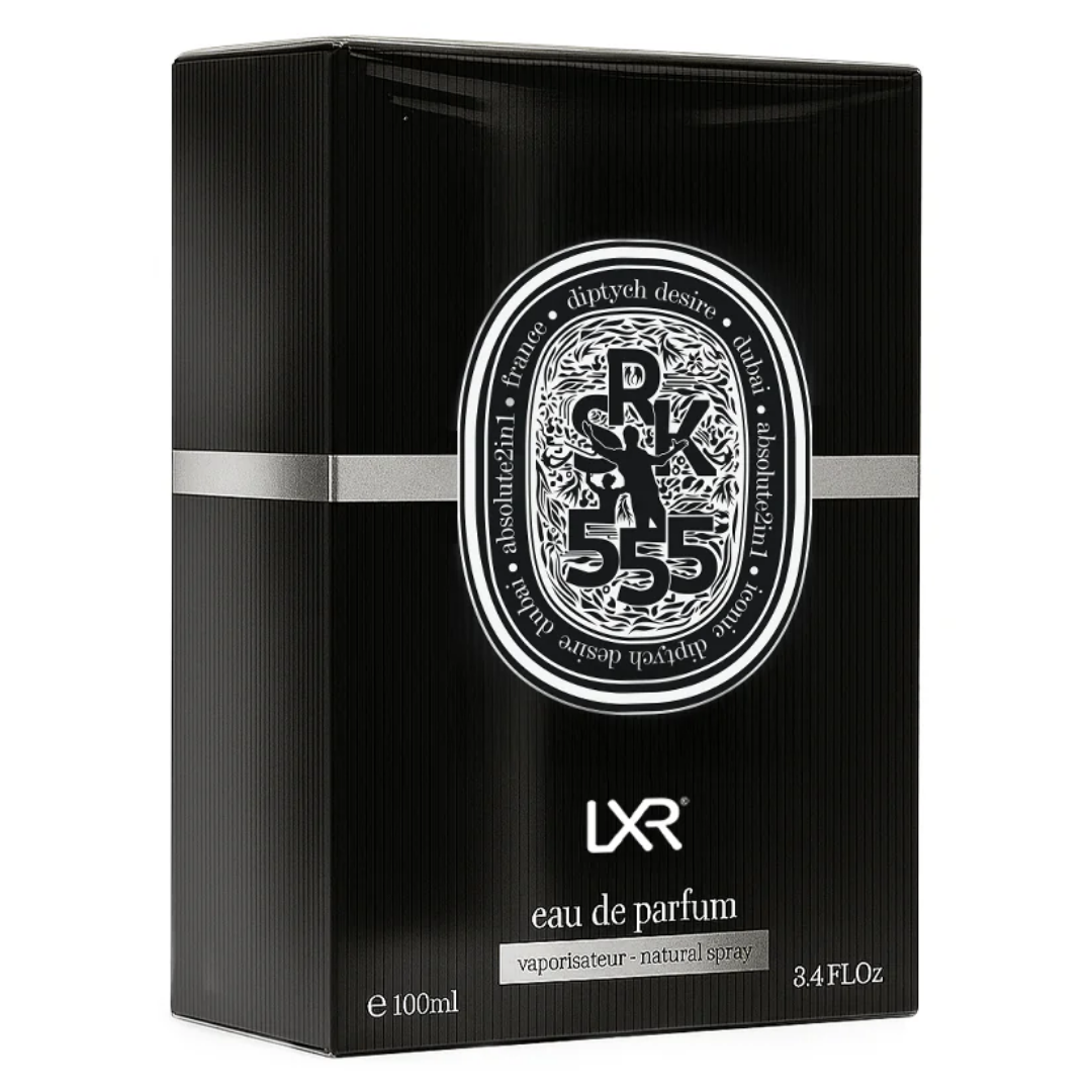 Black box of LXR eau de parfum with silver stripe and Diptyque logo. Diptych Desire SRK555 by LXR Mens Perfume