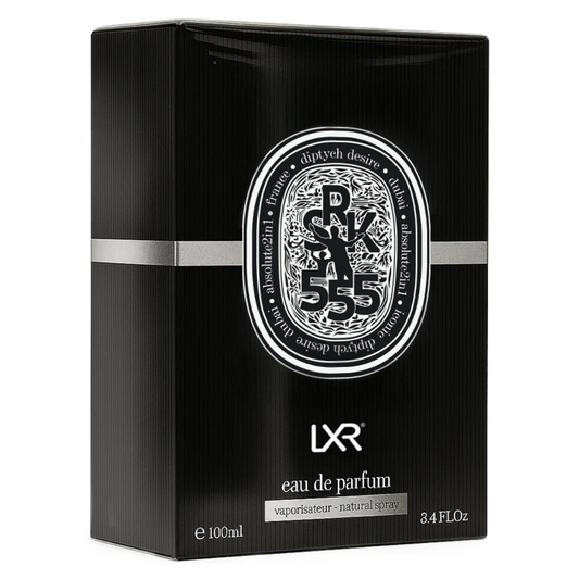 Black box of LXR eau de parfum with silver stripe and Diptyque logo. Diptych Desire SRK555 by LXR Mens Perfume