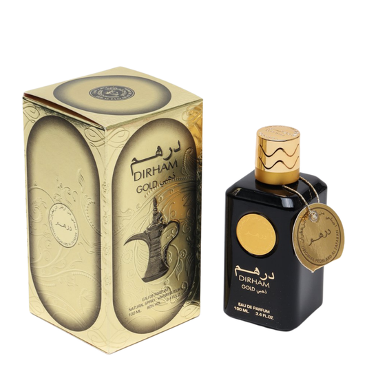 Perfume bottle with gold accents and packaging on a white background. Dirham Gold Unisex Perfume by Ard Al Zaafaran.