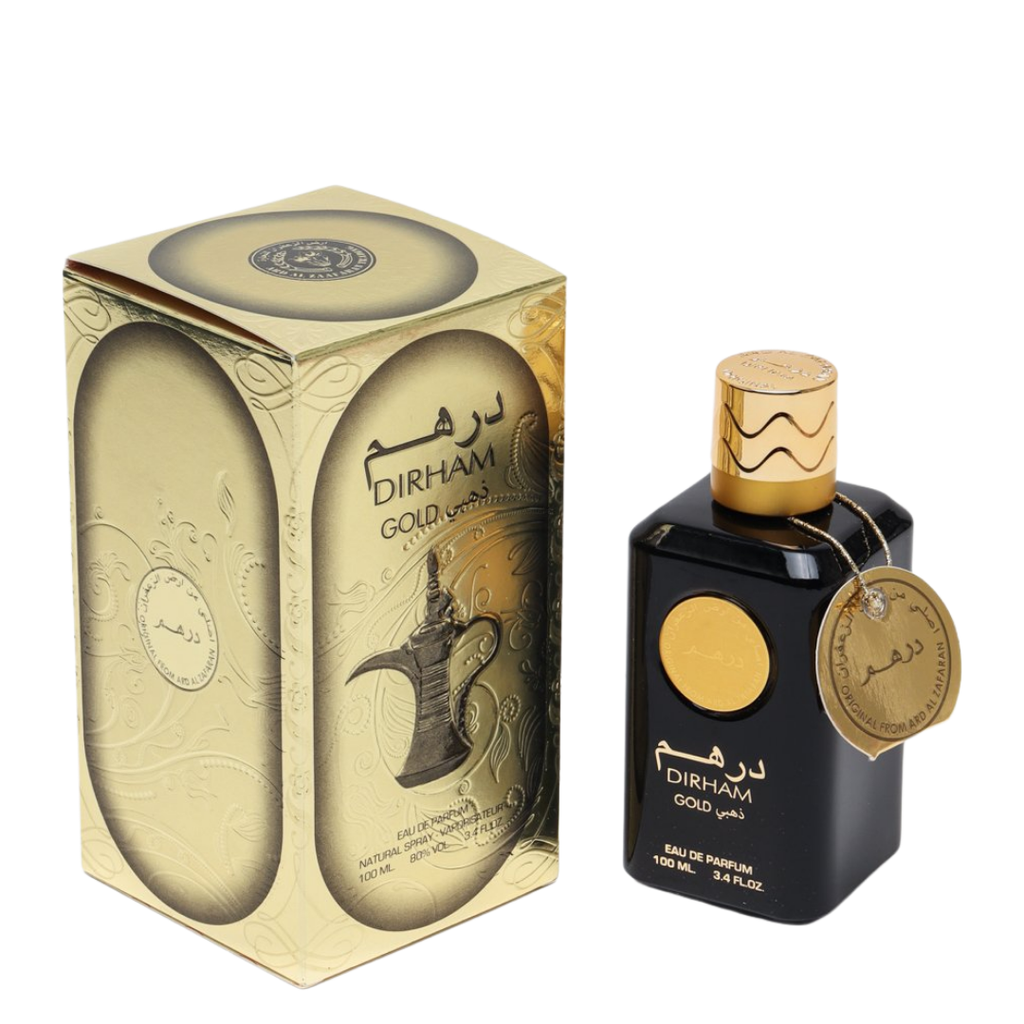 Perfume bottle with gold accents and packaging on a white background. Dirham Gold Unisex Perfume by Ard Al Zaafaran.