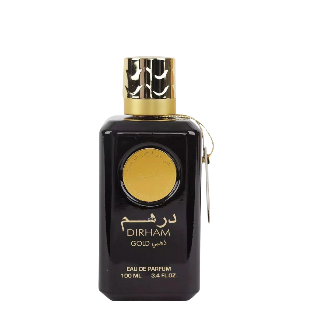 A black bottle of Dirham Gold Eau de Parfum by Ard Al Zaafaran with a gold cap and label.