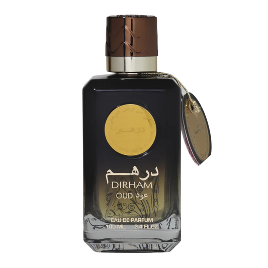 A 100ml perfume bottle of Dirham Oud EDP by Ard Al Zaafaran with a black and gold label, a brown cap, and a prominent gold moon and star design. Dirham Oud Eau de Parfum 100ml by Ard Al Zaafaran – luxurious Arabian fragrance with woody, citrus, and oud notes.