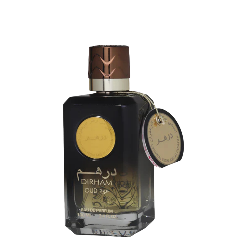 A 100ml EDP bottle of Dirham Oud perfume by Ard Al Zaafaran with a black and gold label, a silver cap, and a goldMedal emblem on the front. Elegant Dirham Oud perfume bottle with gold emblem and brown cap – premium Arabian oud scent.