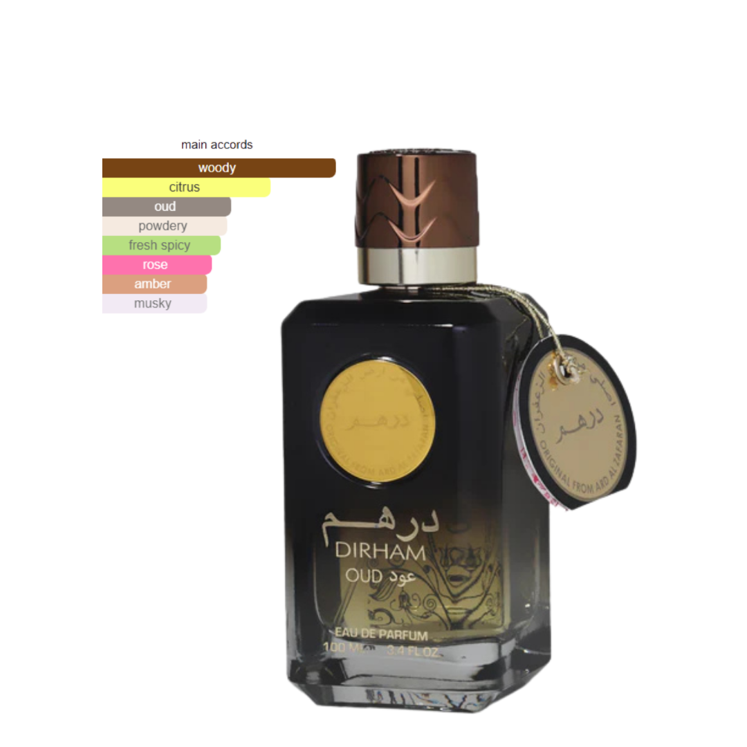 Dirham Oud perfume by Ard Al Zaafaran fragrance scent profile chart – woody, citrus, oud, powdery, and fresh spicy accords.
