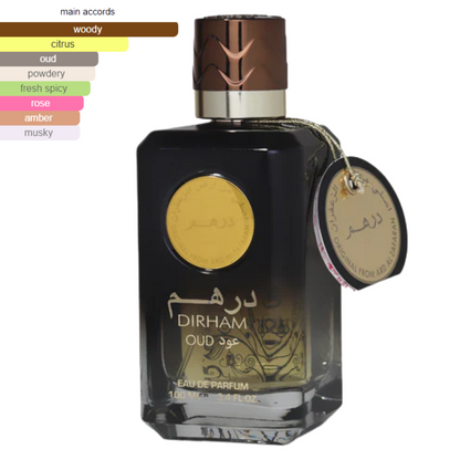 Dirham Oud perfume by Ard Al Zaafaran fragrance scent profile chart – woody, citrus, oud, powdery, and fresh spicy accords.