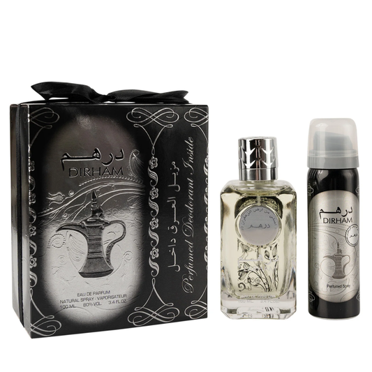 Perfume and deodorant set with packaging on a white background. Dirham Silver Unisex Perfume by Ard Al Zaafaran