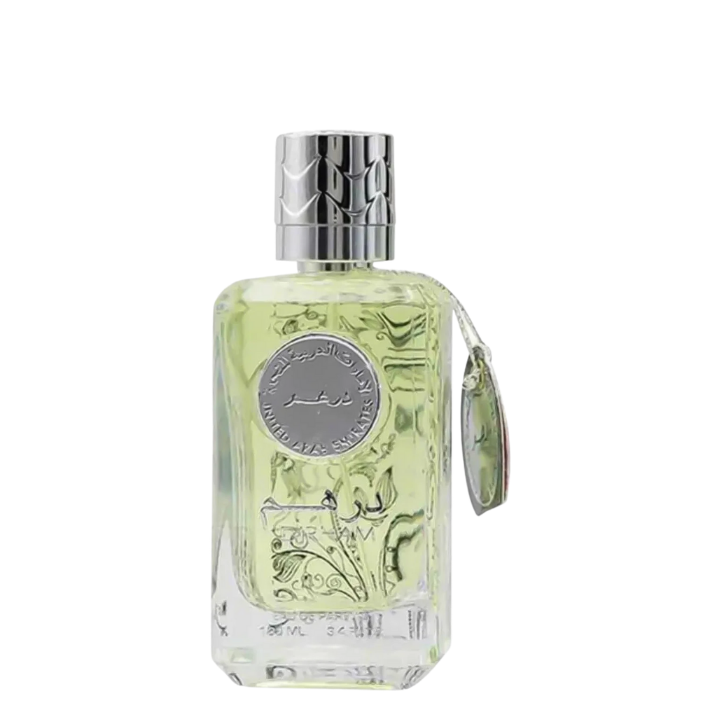 A clear glass bottle of Dirham Silver Perfume with a silver cap and label, containing the yellowish perfume liquid. Dirham Silver Unisex Perfume by Ard Al Zaafaran