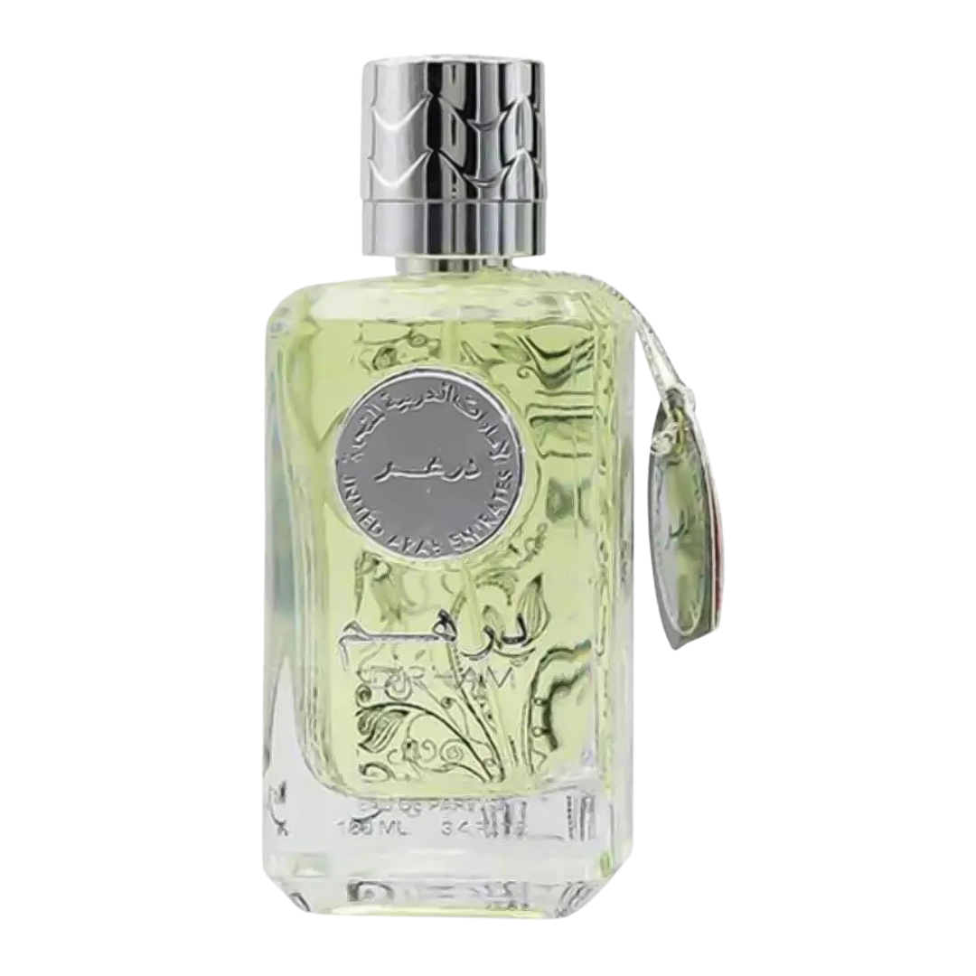 A clear glass bottle of Dirham Silver Perfume with a silver cap and label, containing the yellowish perfume liquid. Dirham Silver Unisex Perfume by Ard Al Zaafaran