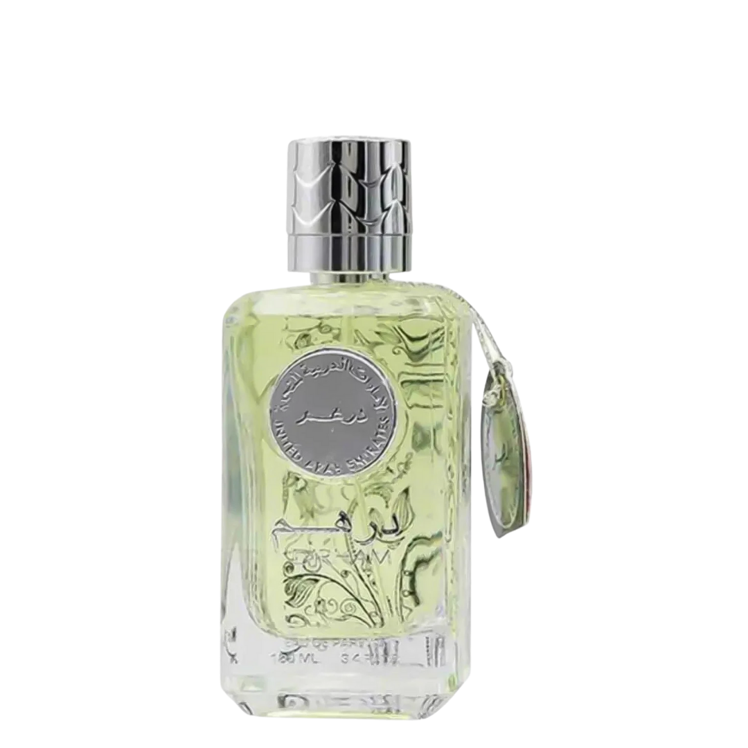 A clear glass bottle of Dirham Silver Perfume with a silver cap and label, containing the yellowish perfume liquid. Dirham Silver Unisex Perfume by Ard Al Zaafaran