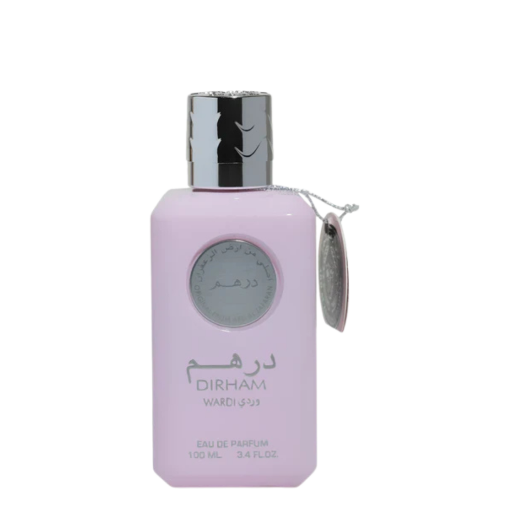 Dirham Wardi perfume bottle 100ml by Ard Al Zaafaran – sleek pastel pink design with silver cap and Arabic calligraphy for women.