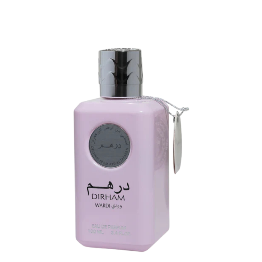 Side view of Dirham Wardi perfume by Ard Al Zaafaran Eau de Parfum 100ml – elegant pastel pink women’s perfume with silver detailing and Arabic branding.