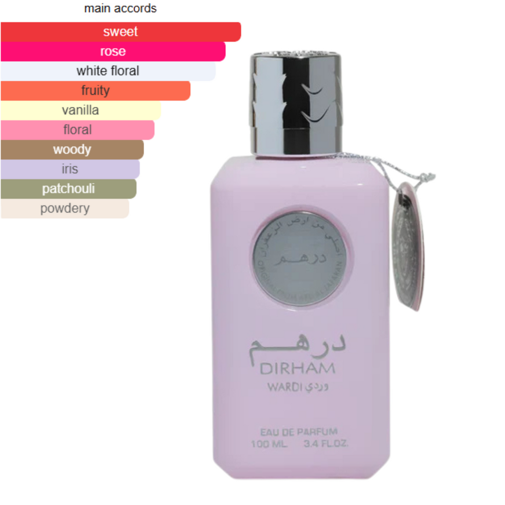Dirham Wardi perfume fragrance profile chart – sweet, rose, and white floral accords in 100ml pink Eau de Parfum for women.
