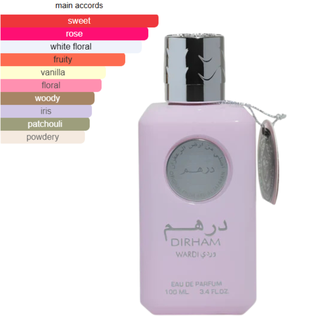 Dirham Wardi perfume fragrance profile chart – sweet, rose, and white floral accords in 100ml pink Eau de Parfum for women.