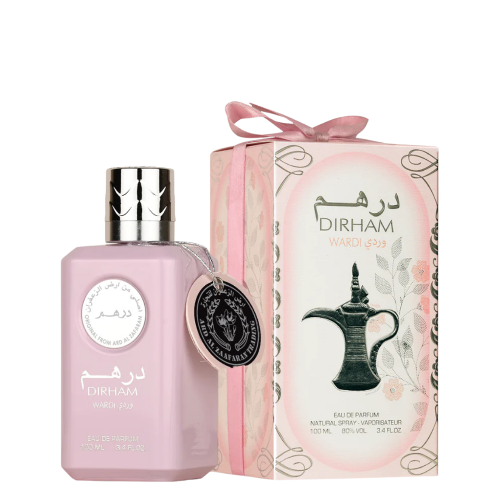 Dirham Wardi Eau de Parfum 100ml by Ard Al Zaafaran with gift box – feminine floral fragrance in elegant pink bottle with silver cap and decorative tag.