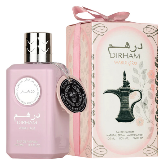 Dirham Wardi Eau de Parfum 100ml by Ard Al Zaafaran with gift box – feminine floral fragrance in elegant pink bottle with silver cap and decorative tag.