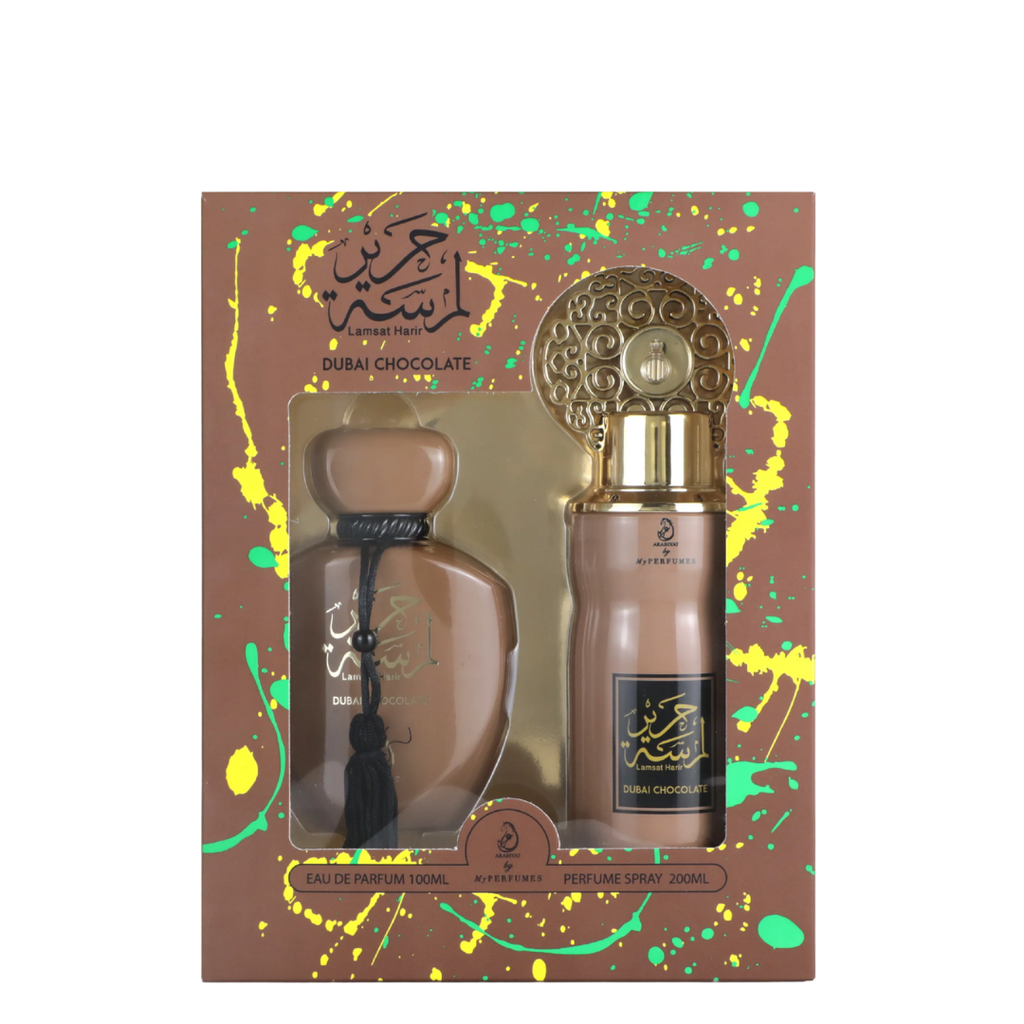 Dubai Chocolate perfume set with packaging on a white background