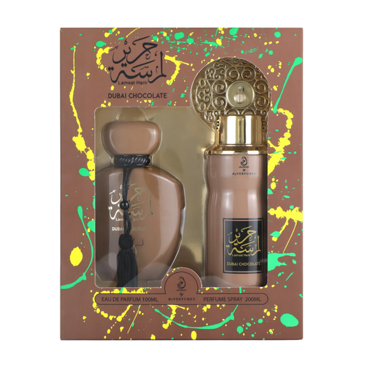 Dubai Chocolate perfume set with packaging on a white background