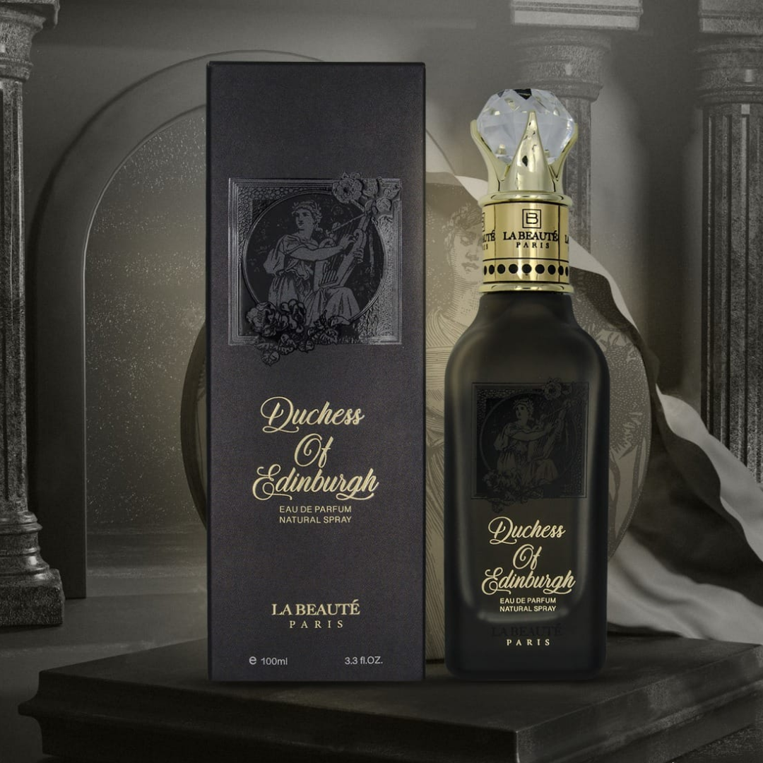 Perfume bottle and packaging of 'Duchess of Edinburgh' by La Beaçète Paris on a dark background.