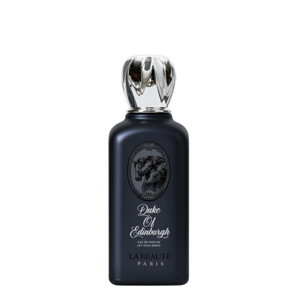 Perfume bottle labeled 'Duke of Edinburgh' by La Beaute Paris on a white background