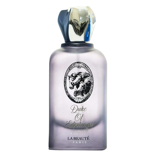 Perfume bottle labeled 'Duke of Edinburgh' by La Beaute Paris on a white background