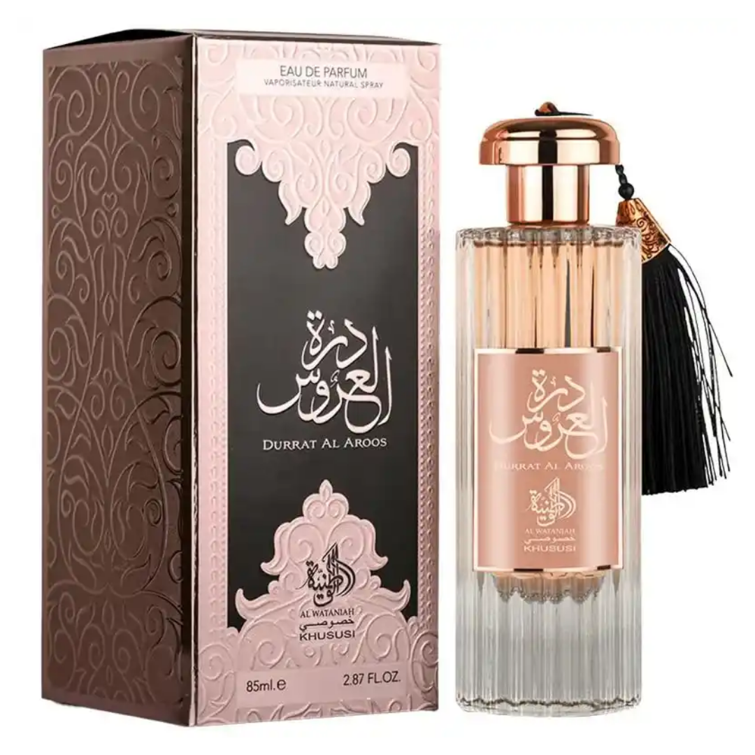 Perfume bottle and packaging of Durrat Al Aroos with intricate design. Durratul Uroos by LXR Womens Perfume