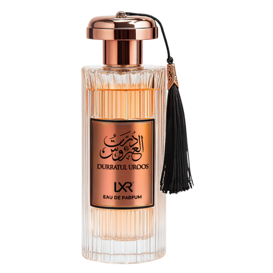 Durratul Uroos perfume bottle with a black tassel on a white background. Durratul Uroos by LXR Womens Perfume