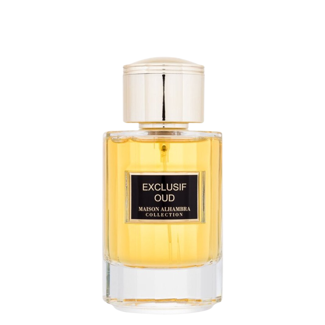 Perfume bottle labeled 'Exclusif Oud' from Maison Alhambra Collection on a white background