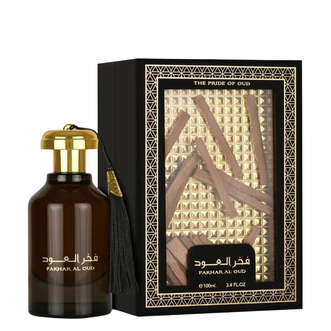 Fakhar Al Oud perfume bottle and packaging on a white background