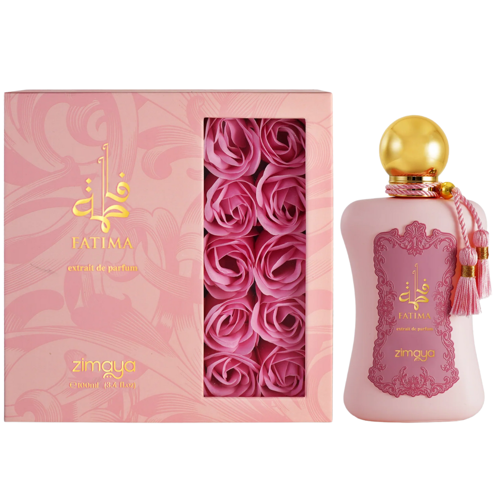 Perfume bottle and packaging with pink roses and 'FATIMA' branding on a white background