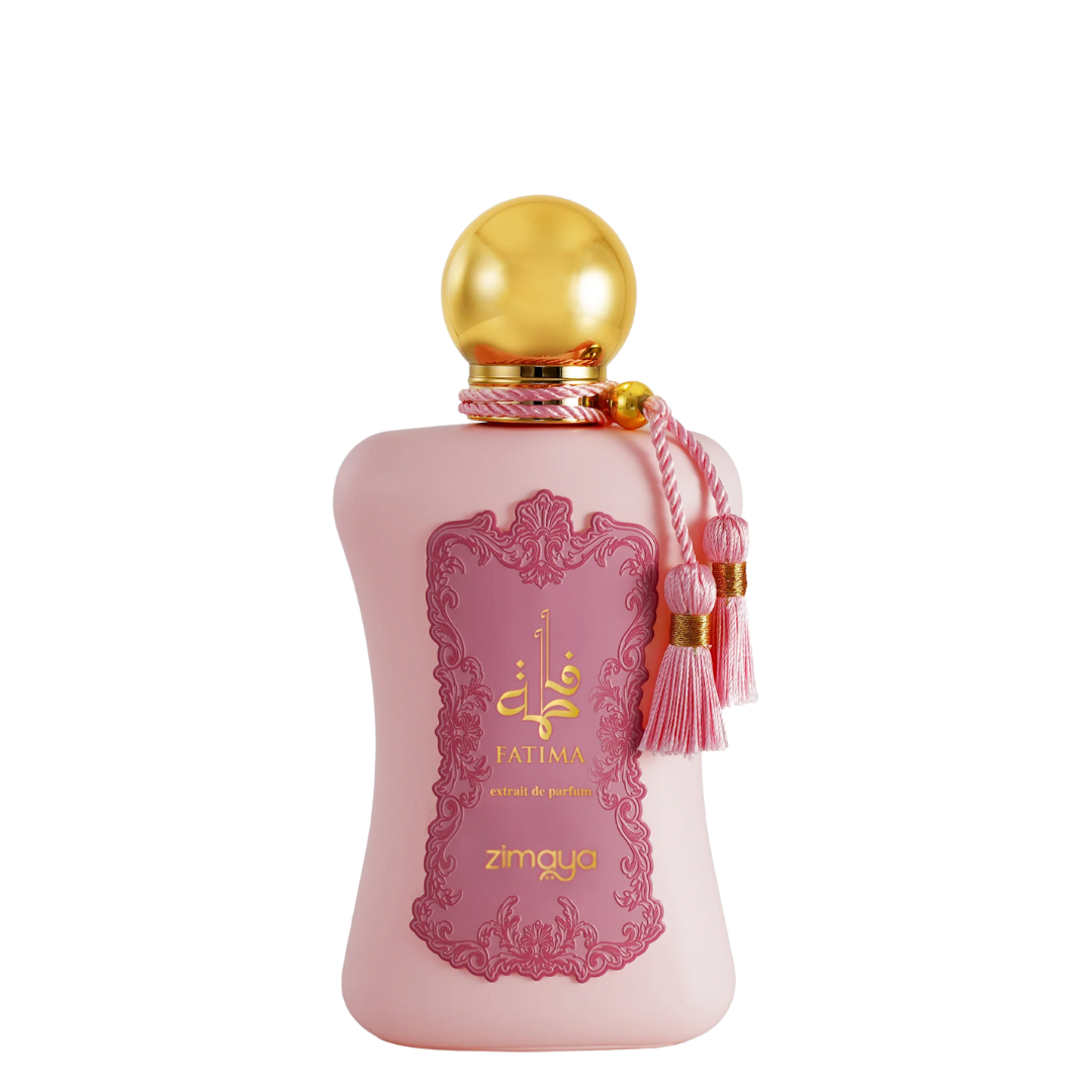 Pink perfume bottle with gold cap and decorative elements on a white background. Fatima by Zimaya Womens Perfume