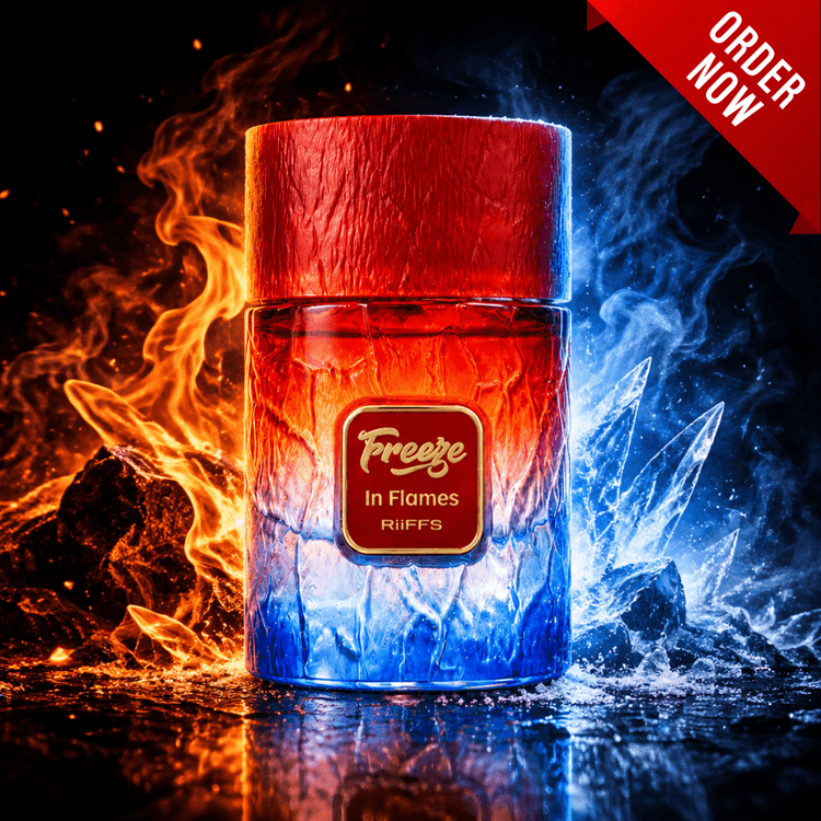A cylindrical glass bottle labeled 'Freeze In Flames RIIFFS' stands centered on a reflective dark surface, with fiery orange flames on the left and icy blue frost on the right. A red corner banner reads 'ORDER NOW'.