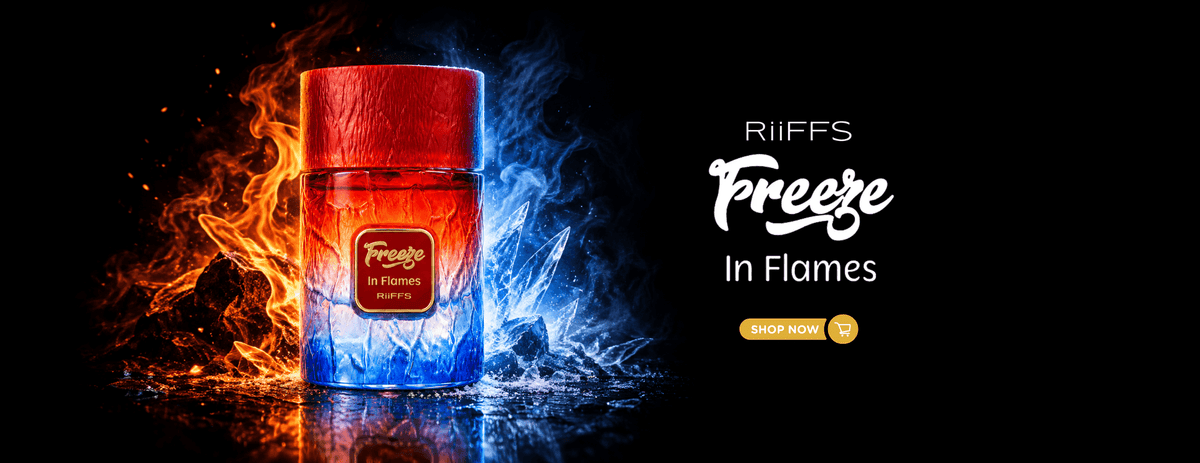 A cylindrical bottle labeled 'RIIFFS Freeze In Flames' stands against a black background with dramatic fiery orange flames on the left and icy blue smoke on the right. White text on the right reads 'RIIFFS Freeze In Flames' with a small orange 'Shop Now' button below.
