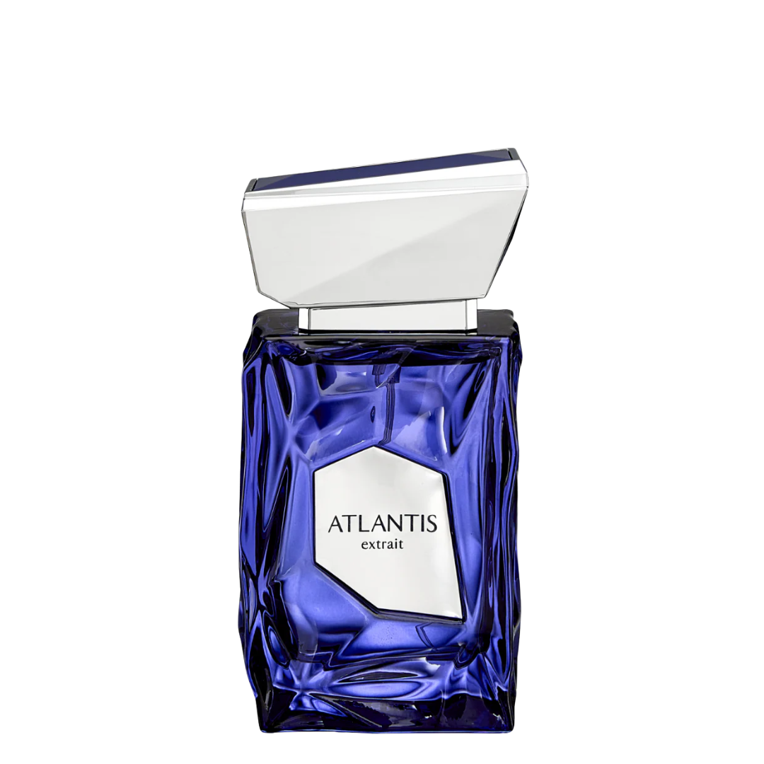 Blue perfume bottle labeled 'Atlantis' on a white background. French Avenue: Atlantis Extrait