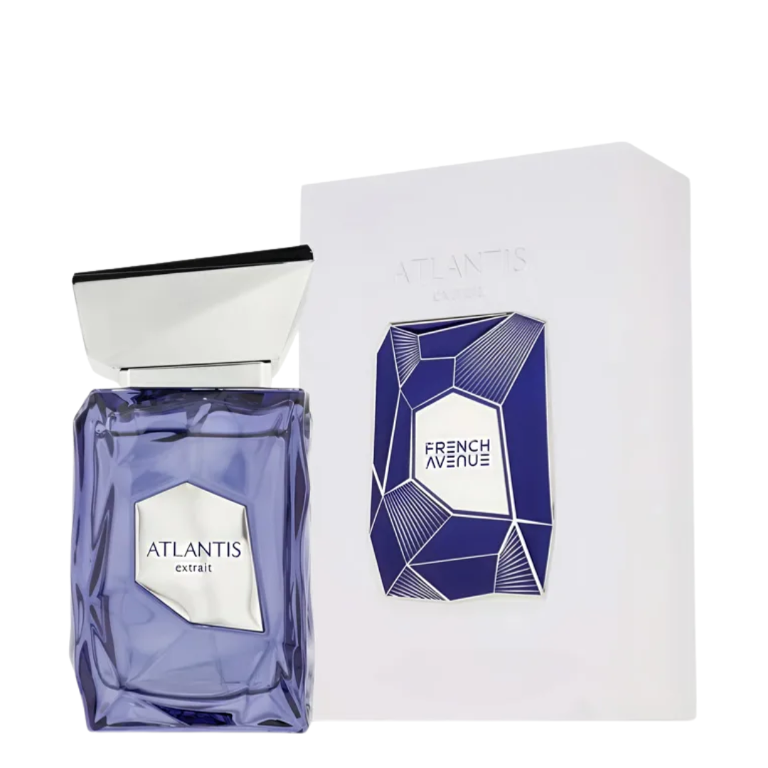 Blue perfume bottle and packaging with 'French Avenue' branding on a white background. French Avenue: Atlantis Extrait