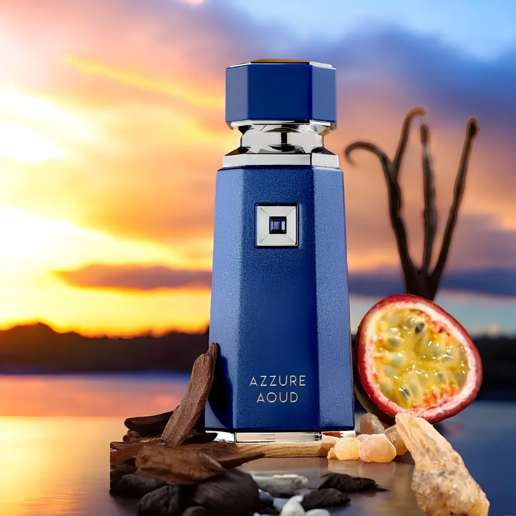 Blue Azzure Aoud perfume bottle with a sunset and natural elements in the background