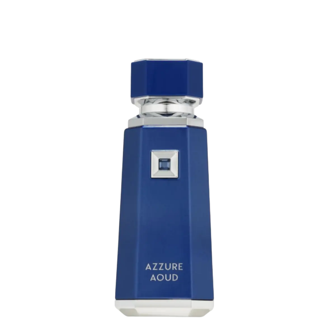 A blue perfume bottle with a clear cap, labeled 'Azzure Aoud'.